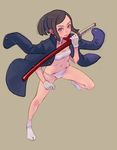  brown_eyes brown_hair cloak copyright_request fundoshi gloves japanese_clothes jumping katana midriff navel ponytail sarashi simple_background socks solo sword tabi weapon weno 