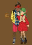  1boy 1girl absurdres alolan_marowak alternate_costume alternate_hairstyle bounsweet brown_background bubble_tea character_print cross-laced_footwear dark-skinned_male dark_skin drinking full_body green_eyes green_hair hand_in_pocket highres kiawe_(pokemon) mallow_(pokemon) multicolored_hair open_mouth pokemon pokemon_sm red_hair simple_background two-tone_hair yamashita_momiyo 