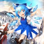  1girl :d arms_up bangs blue_dress blue_eyes blue_hair blue_sky boots bow breasts brown_footwear cirno commentary_request day dress eyebrows_visible_through_hair flying foreshortening forest gradient_sky hair_between_eyes hair_bow looking_at_viewer mountainous_horizon nature neck_ribbon open_hands open_mouth outdoors outstretched_arms pinafore_dress pine_tree puffy_short_sleeves puffy_sleeves red_neckwear ribbon shirt short_hair short_sleeves sky small_breasts smile snow solo sparkle spread_arms spread_legs torii touhou tree umagenzin upper_teeth white_shirt wings 