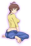  amaha_masane antenna_hair barefoot breasts brown_hair butt_crack denim dimples_of_venus feet jeans kazunari large_breasts pants sideboob sitting solo witchblade 