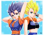  bad_source black_hair blonde_hair blue_eyes bracer dragon_ball dragon_ball_z dual_persona earrings genderswap genderswap_(mtf) gogeta jewelry midriff multiple_girls spiked_hair vegetto 