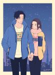  animal_print artist_name black_pants blue_coat brand_name_imitation brown_hair coat couple dog_print eye_contact facial_hair gokushufudou hachiyou hand_in_pocket hetero highres holding_hands husband_and_wife jacket looking_at_another miku_(gokushufudou) mustache_stubble night outdoors pants pink_scarf pink_shirt scar scar_across_eye scarf shirt short_hair sky skyline smile star_(sky) starry_sky stubble tatsu_(gokushufudou) the_north_face yellow_jacket 