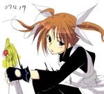  :o apron black_dress blush boshinote dated dress fingerless_gloves gloves hair_ribbon holding holding_weapon looking_at_viewer lyrical_nanoha magical_girl mahou_shoujo_lyrical_nanoha mahou_shoujo_lyrical_nanoha_a's motion_blur no_jacket open_mouth purple_eyes raising_heart red_hair ribbon simple_background solo takamachi_nanoha twintails upper_body weapon white_background 