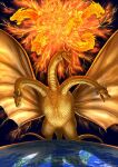 dragon earth eldritch_being electricity european_mythology feral fire fur ga6uoqfkjp3jbrc godzilla_(series) greek_mythology horn hydra japan kaiju king_ghidorah lightning looming looming_over male membrane_(anatomy) membranous_wings multi_eye multi_head multi_tail mythological_creature mythological_scalie mythology planet scales scalie sharp_teeth solo space tail teeth toho tongue tongue_out wings yellow_body yellow_fur yellow_scales