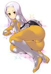  blush bodysuit gundam gundam_00 long_hair lying nabeshiki_(rakuneko_yashiki) on_side orange_bodysuit pilot_suit silver_hair solo soma_peries yellow_eyes 