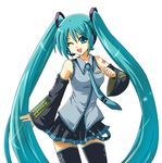  detached_sleeves green_hair hatsune_miku haura_akitoshi long_hair miniskirt necktie one_eye_closed skirt solo thighhighs twintails very_long_hair vocaloid zettai_ryouiki 