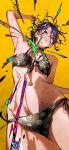  1girl absurdres arm_up armpits bikini black_bikini black_choker breasts chainsaw_man choker erupusai2 floral_print_bikini green_eyes highres navel purple_hair reze_(chainsaw_man) side-tie_bikini_bottom small_breasts solo swimsuit yellow_background 