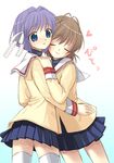  blush clannad fujibayashi_ryou furukawa_nagisa hikarizaka_private_high_school_uniform hug kimishima_ao multiple_girls school_uniform thighhighs white_legwear 