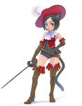  animal_ears boots cat_ears copyright_request hat musketeer rapier simple_background solo sword tail thigh_boots thighhighs weapon weno 