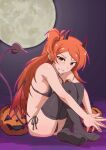  1girl bikini black_bikini black_thighhighs blush breasts demon_horns demon_tail demon_wings full_moon grin halloween highres horns idolmaster idolmaster_million_live! jack-o&#039;-lantern long_hair looking_at_viewer magusancients moon night ogami_tamaki one_side_up orange_eyes orange_hair side-tie_bikini_bottom sitting small_breasts smile solo steepled_fingers swimsuit tail thighhighs wings 