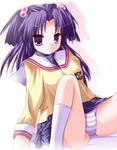  clannad hair_bobbles hair_ornament hikarizaka_private_high_school_uniform ichinose_kotomi panties purple_eyes purple_hair safi school_uniform solo spread_legs striped striped_panties two_side_up underwear 