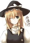  ;) black_dress blonde_hair braid buttons dress green_eyes hat ikki kirisame_marisa long_hair one_eye_closed puffy_sleeves shirt simple_background single_braid smile solo touhou white_background white_shirt witch_hat 