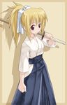  bamboo_blade blonde_hair blue_hakama chiba_kirino hakama japanese_clothes kendo ponytail red_eyes shinai solo sword takano_natsuki weapon 