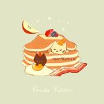  apple artist_name bacon black_cat blueberry cat egg english_text floating floating_object food fruit green_background kotatsu nadia_kim no_humans original simple_background sleeping sparkle star strawberry sunny_side_up_egg table white_cat 