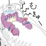  artist_request bangs bed blanket blue_bow blunt_bangs bow closed_eyes hair_bow lowres lying on_back patchouli_knowledge red_bow sack sick sidelocks sleeping solo touhou water 