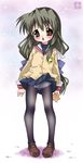  :o black_legwear blue_skirt blush brown_hair clannad hikarizaka_private_high_school_uniform ibuki_fuuko loafers long_hair long_sleeves looking_at_viewer mudou_eichi pantyhose parted_lips pigeon-toed school_uniform shoes skirt solo standing upskirt wind wind_lift 