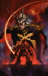  1boy artist_request beam_saber blonde_hair cable char_aznable english_commentary epaulettes eyemask gundam helmet highres machinery mecha military_uniform mobile_suit mobile_suit_gundam nebula one-eyed realistic robot science_fiction smirk space star_(sky) zaku_ii_s_char_custom zeon 