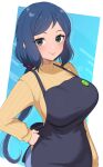  1girl apron black_apron black_eyes blue_background blue_hair blush breasts campbell_xx closed_mouth commentary grey_pants gundam gundam_build_fighters hand_on_own_hip highres iori_rinko large_breasts long_hair long_sleeves low_ponytail mature_female pants solo sweater two-tone_background white_background yellow_sweater 