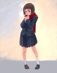  blazer breath cold copyright_request full_body jacket loafers pigeon-toed pleated_skirt red_scarf scarf school_uniform shoes skirt socks solo standing weno white_legwear 