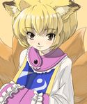  animal_ears blonde_hair brown_eyes closed_mouth face fox_ears fox_tail hands_in_opposite_sleeves multiple_tails no_hat no_headwear shiba_itsuki simple_background smile solo surcoat tail touhou upper_body yakumo_ran yellow_background 