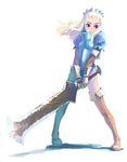  armor blonde_hair boots copyright_request simple_background solo sword thigh_boots thighhighs weapon weno 