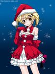  bare_shoulders blonde_hair brown_eyes christmas collar collarbone detached_collar dress elbow_gloves gloves hair_ornament hairclip hat looking_at_viewer mattaku_mousuke original pom_pom_(clothes) red_dress red_gloves santa_costume santa_gloves santa_hat short_hair smile solo stamp standing 