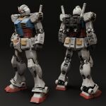  3d absurdres back blender_(medium) character_name comparison dual_persona earth_federation emblem english_commentary english_text gradient_background gundam highres machinery mecha mecha_focus mjeff mobile_suit mobile_suit_gundam multiple_views no_humans realistic robot roundel rx-78-2 science_fiction shadow thrusters v-fin vernier_thrusters 