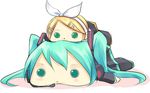  aqua_eyes aqua_hair blonde_hair blush green_eyes hair_ornament hairband hairclip hatsune_miku headphones kagamine_rin kuro_(be_ok) lying microphone multiple_girls parody san-x skirt tarepanda vocaloid 