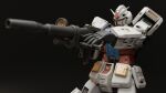  3d absurdres aiming beam_rifle black_background blender_(medium) blurry blurry_foreground energy_gun english_commentary gundam highres machinery mecha mecha_focus mjeff mobile_suit mobile_suit_gundam no_humans realistic robot rx-78-2 science_fiction scope upper_body v-fin weapon yellow_eyes 