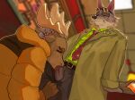 anthro blurred_background blush blush_lines bodily_fluids bottomwear brown_body brown_fur canid canine canis claws clothed clothing colored colored_nails costume dale_donovan_(friends_vs_friends) deer detailed_background digital_drawing_(artwork) digital_media_(artwork) digital_painting_(artwork) duo erection eyes_closed friends_vs_friends fur genitals grey_body grey_fur hi_res horn jacket male male/male mammal moose moose_salto multicolored_body multicolored_fur nails narrowed_eyes necktie new_world_deer one_eye_closed open_bottomwear open_clothing open_pants oral oral_penetration pants penetration penis police sinnerspaws sweat sweatdrop topwear white_body white_fur wolf