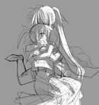  bare_shoulders cape closed_eyes fate_testarossa grey_background greyscale hair_over_one_eye hair_ribbon lying lyrical_nanoha magical_girl mahou_shoujo_lyrical_nanoha_strikers monochrome multiple_girls muraya_yoshihisa on_side ribbon simple_background sitting skirt takamachi_nanoha thighhighs twintails vest yokozuwari 