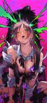  1girl absurdres black_bra black_panties black_ribbon black_socks blush bra breasts chainsaw_man drooling earrings erupusai2 fami_(chainsaw_man) grey_hair guillotine_devil_(chainsaw_man) heart highres jewelry kneehighs large_breasts mole mole_under_eye mole_under_mouth mouth_drool multiple_moles neck_ribbon panties pink_background purple_eyes ribbon ringed_eyes saliva socks squatting torn_clothes underwear 