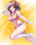  boots brown_eyes brown_hair choker cosplay elbow_gloves gloves headset high_heels midriff oryou shoes short_hair short_shorts shorts solo sos_galactic_patrol suzumiya_haruhi suzumiya_haruhi_no_yuuutsu 