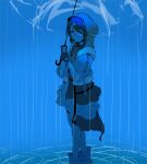  1girl absurdres black_hair blue_background blue_theme boots fingerless_gloves glasses gloves highres holding holding_umbrella hood hood_up idolmaster idolmaster_shiny_colors jacket low_twintails mitsumine_yuika open_clothes open_jacket rain ripples rubber_boots semi-rimless_eyewear short_sleeves skirt solo transparent transparent_umbrella twintails umbrella under-rim_eyewear water_drop ywr 