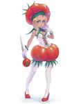  blonde_hair blue_eyes breasts cleavage copyright_request corset food_themed_clothes full_body gloves hat high_heels pantyhose shoes simple_background skirt small_breasts solo staff standing tomato tomato_costume weno white_legwear 