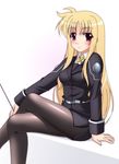  blonde_hair crossed_legs fate_testarossa long_hair lyrical_nanoha mahou_shoujo_lyrical_nanoha_strikers military military_uniform narutaki_shin pantyhose red_eyes sitting solo tsab_executive_military_uniform uniform 