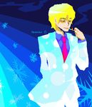  1boy blonde_hair character_name cigarette darker_than_black formal lowres male male_focus necktie november_11 oso oso_(toolate) red_necktie smoking snowflake snowflakes solo suit white_suit 