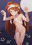  1girl absurdres bandage_on_hair bandaged_arm bandaged_chest bandaged_head bandaged_leg bandaged_neck bandaged_torso bandages bat_(animal) blush breasts claw_pose cowboy_shot full_moon grin hair_ornament halloween_costume high_side_ponytail highres idolmaster idolmaster_million_live! jack-o&#039;-lantern jack-o&#039;-lantern_hair_ornament long_hair looking_at_viewer magusancients moon mummy_costume naked_bandage navel night ogami_tamaki one_side_up orange_eyes orange_hair outdoors skull_hair_ornament small_breasts smile solo standing standing_on_one_leg 
