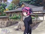  architecture artist_request dress east_asian_architecture elfen_lied house nana_(elfen_lied) necktie pink_hair short_hair solo tree 