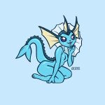 1:1 anthro anthrofied blue_background blue_body blue_scales bottom_heavy breasts ear_fins eeveelution eyelashes featureless_breasts female fin fish_tail frill_(anatomy) generation_1_pokemon hi_res kneeling looking_at_viewer neck_frill nintendo nude open_mouth pokemon pokemon_(species) pokemorph purple_sclera scales simple_background small_breasts solo tail tail_ridge thick_thighs vaporeon white_eyes wide_hips zimaja
