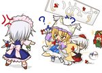  animal_ears blonde_hair bow braid chibi fox_tail hat hong_meiling inubashiri_momiji izayoi_sakuya kazami_karasu knife long_sleeves maid maid_headdress multiple_girls pillow_hat protecting ribbon shoes short_hair short_sleeves silver_hair socks surcoat tail tokin_hat touhou translated wolf_ears wolf_tail yakumo_ran yellow_eyes 