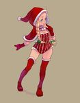  ahoge braid christmas copyright_request elbow_gloves gloves hood long_hair red_gloves santa_costume simple_background solo thighhighs twin_braids weno 