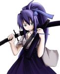  black_hakama blue_hair copyright_request hair_ribbon hakama haori japanese_clothes katana kawamuraya mouth_hold ribbon solo sword weapon 