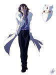  black_hair covering_face floating floating_object full_body jail_scaglietti labcoat long_sleeves lyrical_nanoha mahou_shoujo_lyrical_nanoha_strikers male_focus mask pants shirt simple_background solo standing t-shirt wadatsumi_garland white_background 