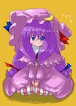  blue_eyes blush capelet crescent dress frills hat long_hair long_sleeves looking_at_viewer mob_cap patchouli_knowledge purple_dress purple_hair simple_background sitting solo striped tao_(kadoya) touhou vertical_stripes yellow_background 
