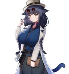  1girl :3 absurdres animal_ears arknights arm_up between_breasts black_pants blue_shirt blush braid breasts chinese_commentary closed_mouth coat commentary cowboy_shot dishui_tangni eyewear_on_head green_eyes grey_hat hat highres holding jessica_(arknights) jessica_the_liberated_(arknights) jessica_the_liberated_(ride_to_davistown)_(arknights) large_breasts long_hair long_sleeves looking_ahead official_alternate_costume open_clothes open_coat pants pointing pointing_at_self purple_hair round_eyewear shirt simple_background solo standing strap strap_between_breasts tail twin_braids white_background white_coat 
