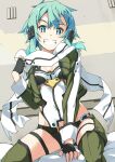  1girl black_gloves black_scarf black_shorts breasts cropped_jacket fingerless_gloves gloves green_eyes green_hair green_jacket grin hair_ornament hairclip hand_up highres jacket medium_breasts open_clothes open_jacket scarf shikei short_hair shorts sinon sitting smile solo sword_art_online white_scarf 