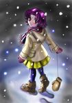  coat fa facial_mark fire_emblem fire_emblem:_fuuin_no_tsurugi forehead_mark gloves looking_back mamkute mittens pantyhose purple_eyes purple_hair sasha_gladysh scarf snow snowing solo 