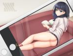  1girl artist_name ass black_hair black_skirt blue_eyes blush book bottomless cardigan cellphone closed_mouth couch eyebrows_visible_through_hair female kneepits looking_at_viewer looking_back lying no_panties on_couch on_side phone pleated_skirt shiny shiny_skin skirt smartphone solo ssss.gridman takarada_rikka white_cardigan yanows 