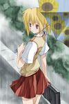  bamboo_blade chiba_kirino rain school_uniform solo sweater_vest takano_natsuki umbrella vest 